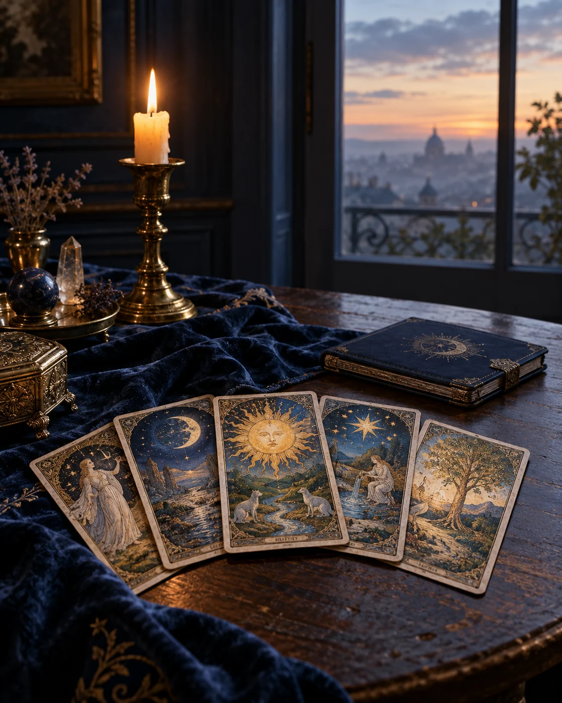 Cartes de tarot illustrées sur une étoffe bleu nuit, à la lumière d’une bougie